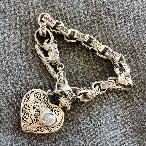 Brighton Treasures .925 Sterling Silver Filgree Heart Toggle Bracelet RARE Bali - Picture 5 of 7
